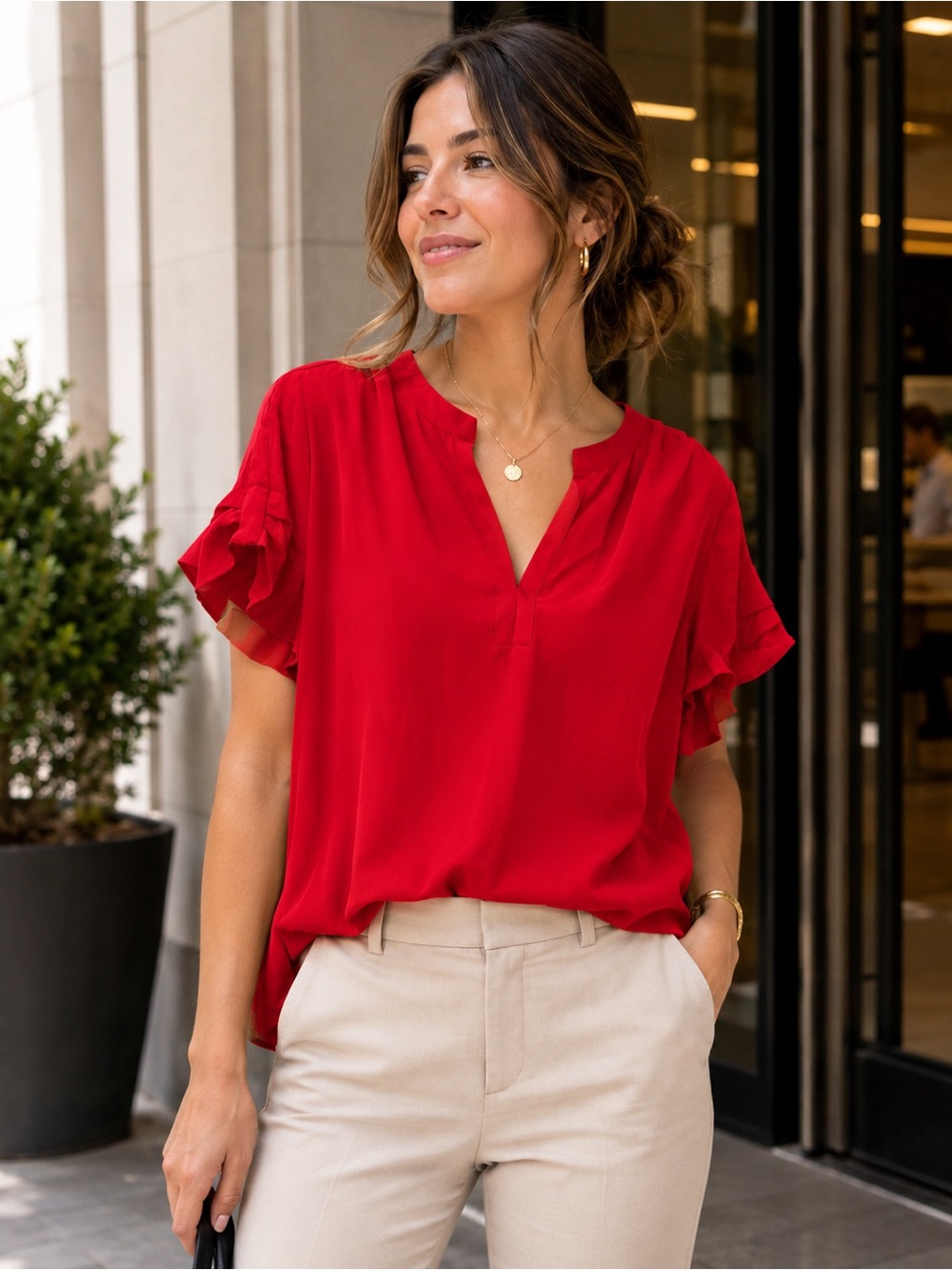 Pleione Red Flutter Sleeve Split Neck Blouse Large Career Work Top